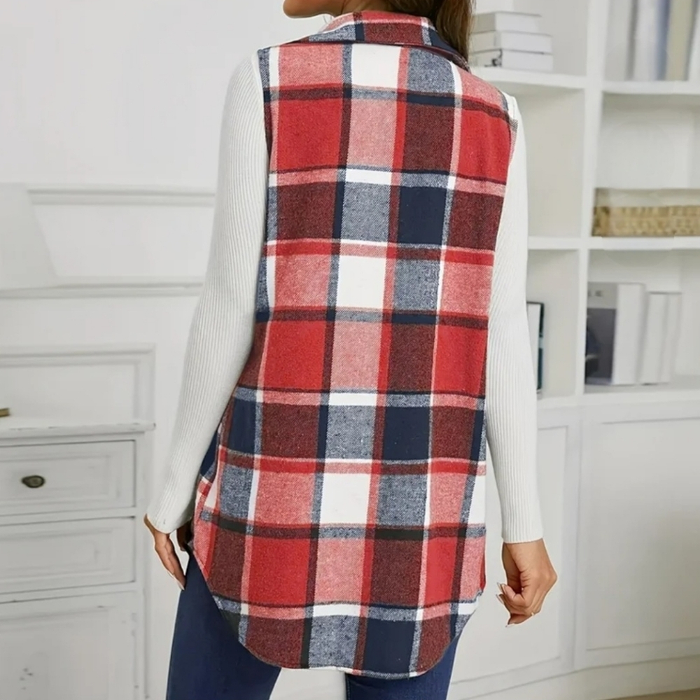 PRECIOUS Plaid Sleeveless Shirt/Vest/Shacket In Red/Blue/White, Sz M Or L - Picture 5 of 11